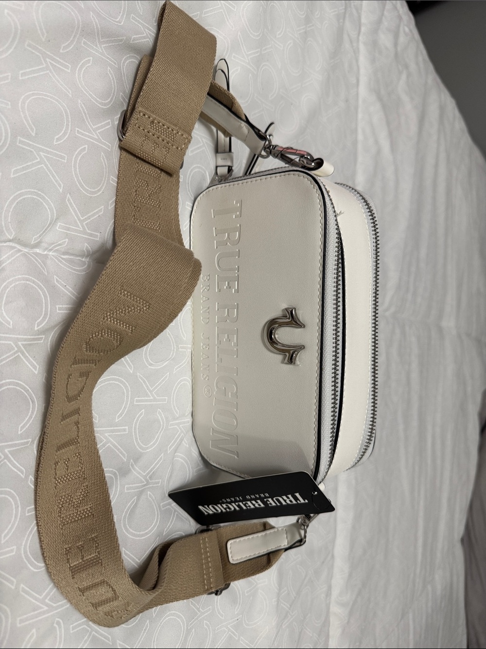 True Religion White Crossbody Camera Bag with Tan Webbed Strap